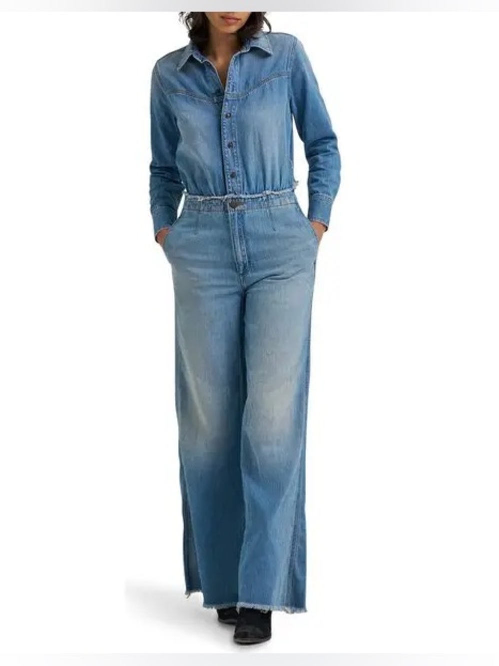 Wrangler Radiating Long Sleeve Denim Jumpsuit features a western-inspired